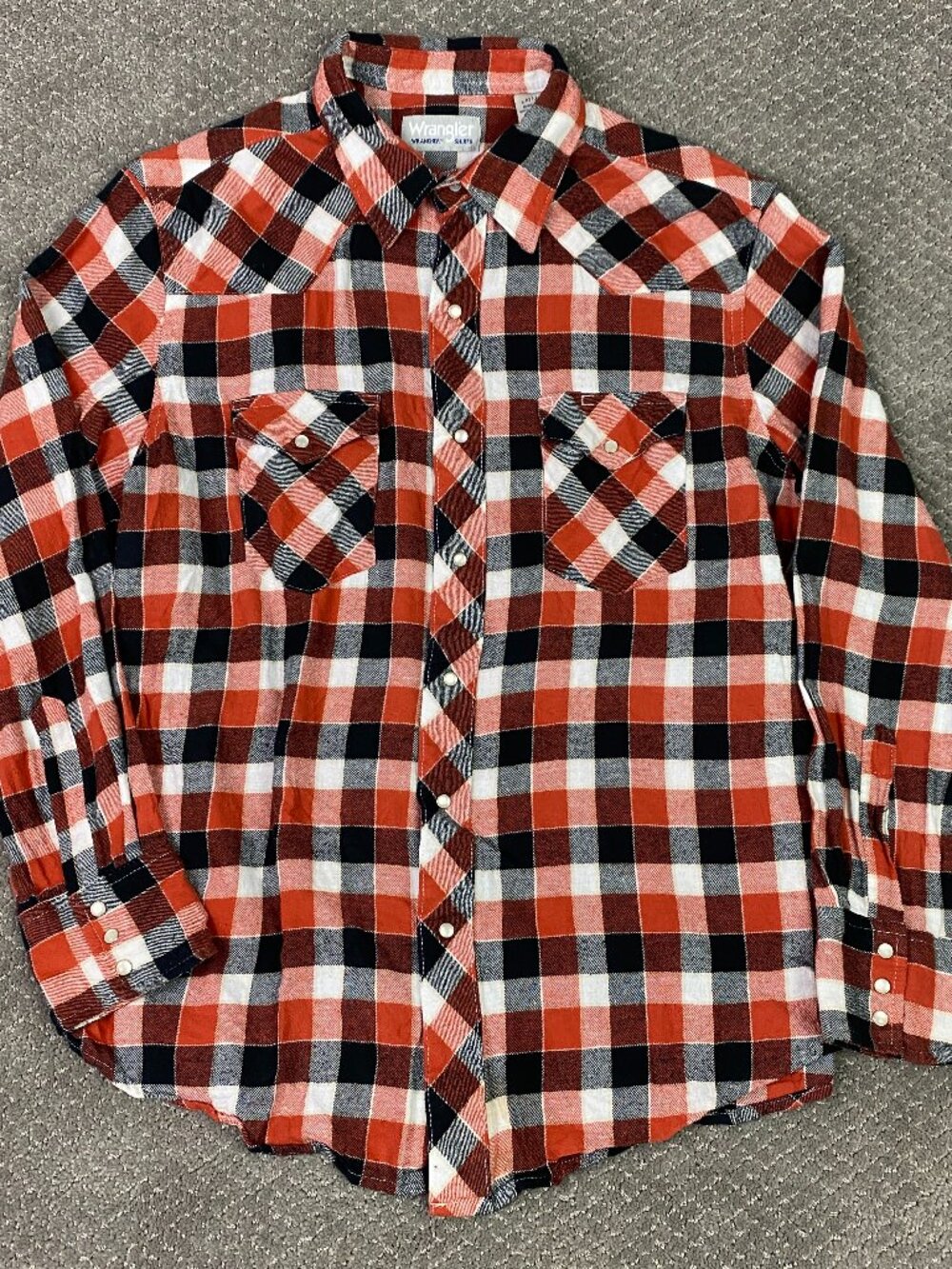 Wrangler Flannel Pearl Snap Shirt Mens Large Red White Black Plaid Western